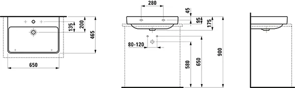 Aufsatzwaschtisch PRO S 465x650x175 1 Hahnloch mit Überlauf weiß
