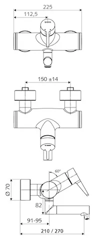 Aufputz-Waschtisch-Armatur VITUS VW-EH-M, Mischwasser, Einhebel, 2 RFV, 2x DN 15 G 1/2 AG, Ausladung bis Mitte Strahlregler: 210 mm, chrom