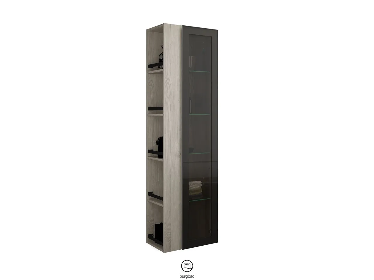 Hochschrank, 1 Alurahmentür mit Rauchglaseinsatz in Bronze;4 Glaseinlegeböden;offenes Regal mit 4 Einlegeböden, Tiefe: 320 mm, Breite: 500 mm, Höhe: 1760 mm