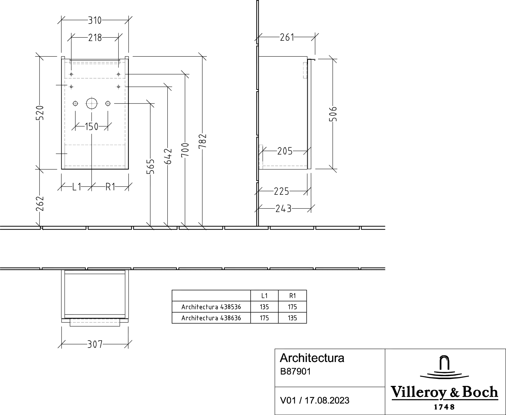 Villeroy & Boch Architectura Waschbeckenunterschrank B87901, 310x520x261mm, 1 Tür, Anschlag rechts, White Villeroy & Boch Architectura Waschbeckenunterschrank B87901, 310x520x261mm, 1 Tür, Anschlag rechts, White