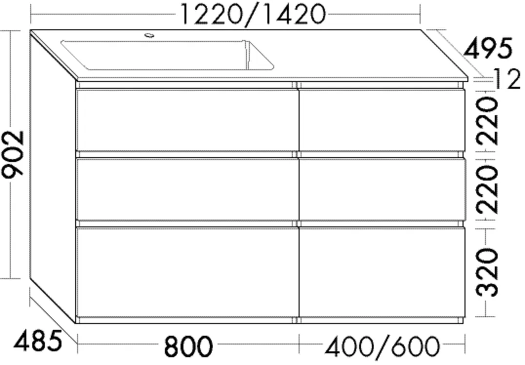 Mineralguss-Waschtisch inkl. Waschtischunterschrank, Mineralguss-Waschtisch;Beckenmaß 685x295 mm;Muldentiefe: 100 mm;Waschtischunterschrank;1 Schublade oben, 350 mm tief, mit Siphonausschnitt und Inneneinteilung;1 Schublade oben, 350 mm tief;2 Schubladen