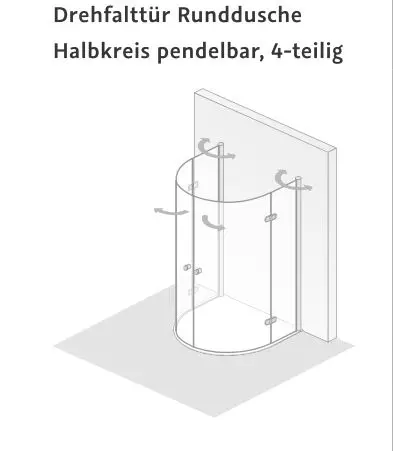 HSK Runddusche Drehfalttür pendelbar, 4-teilig „Exklusiv 2.0“ Glas Klar hell, Profile Alu Silber-matt, Scharniere Premium Softcube, B: 1100 mm H: 2020 mm T: 900 mm