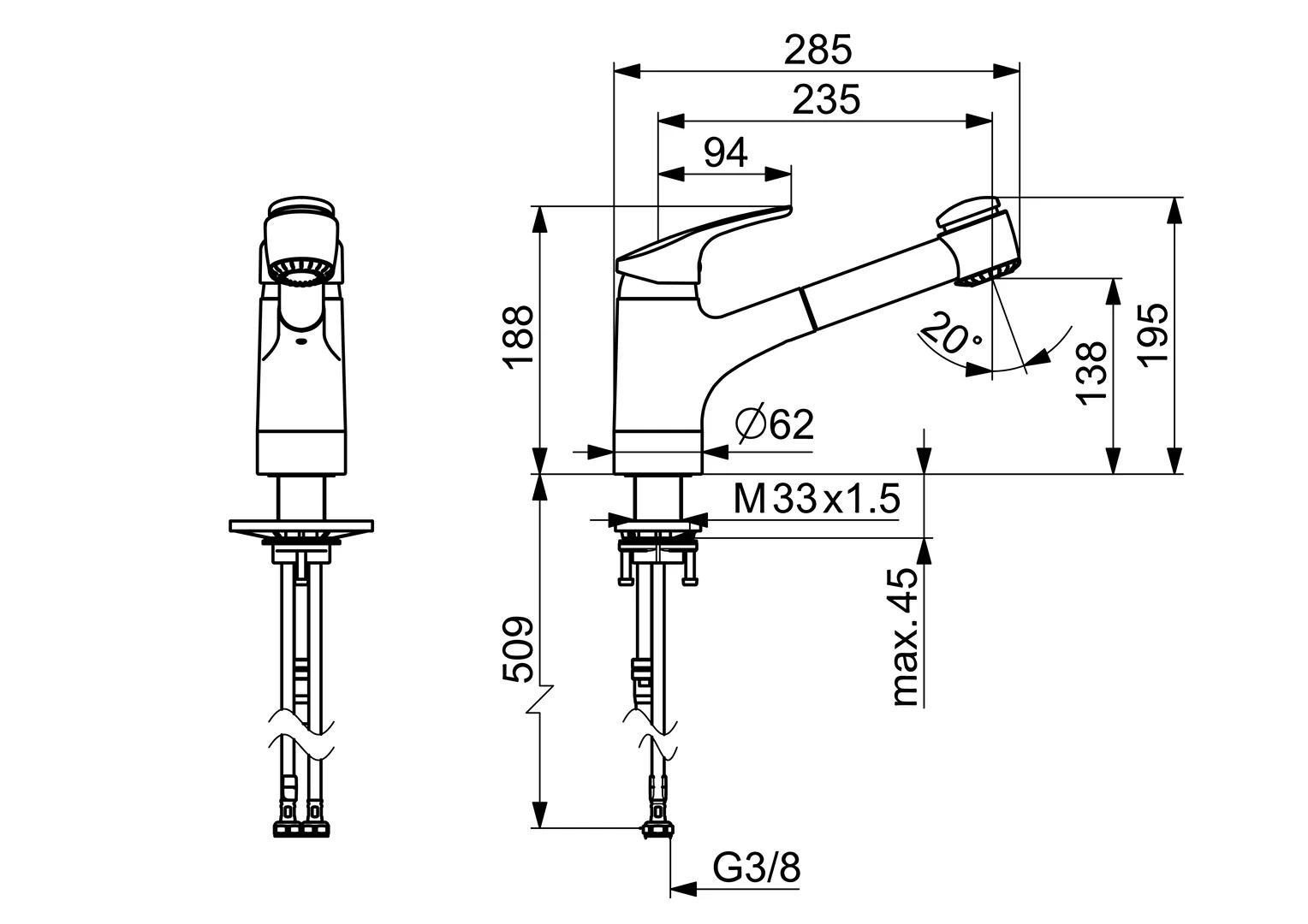 HansaMIX Einhebelmischer Küchenarmatur 0138 2-strahlig Ausladung 235 mm DN15 Chrom HansaMIX Einhebelmischer Küchenarmatur 0138 2-strahlig Ausladung 235 mm DN15 Chrom