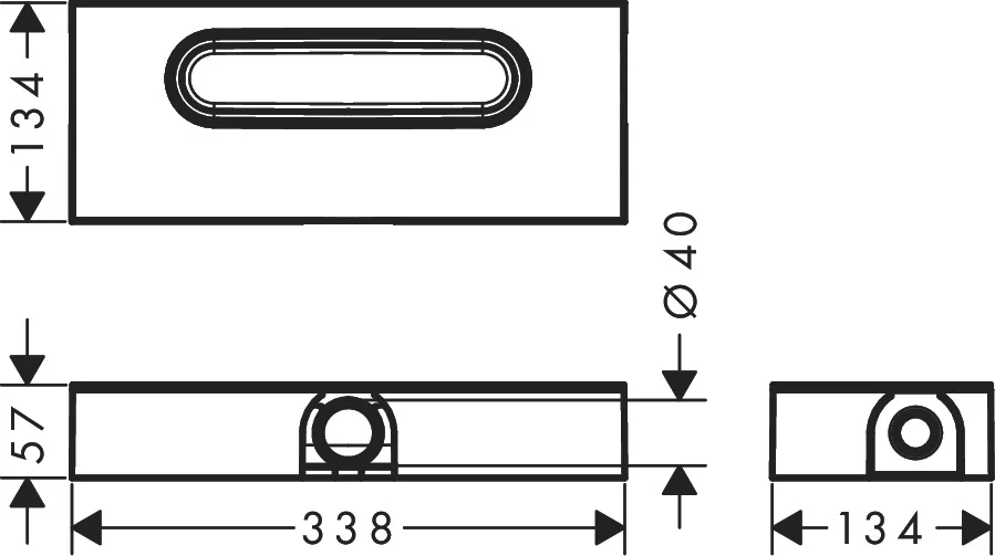 Hansgrohe uBox universal Grundkörper für Duschrinnen – Ablaufgehäuse DN40, waagerechter Auslass, 3-seitiger Anschluss, Sperrwasserscheibe 30 mm, Mindestbauhöhe 57 mm