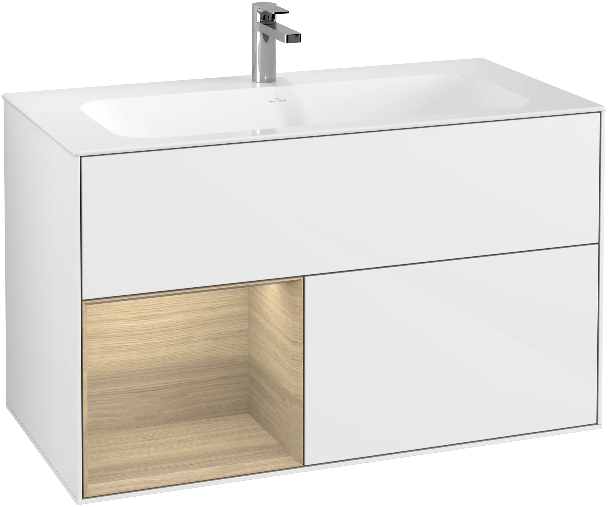 Villeroy & Boch Finion Waschbeckenunterschrank F03, 996x591x498mm, mit Beleuchtung, Glossy White Lacquer / Oak Veneer