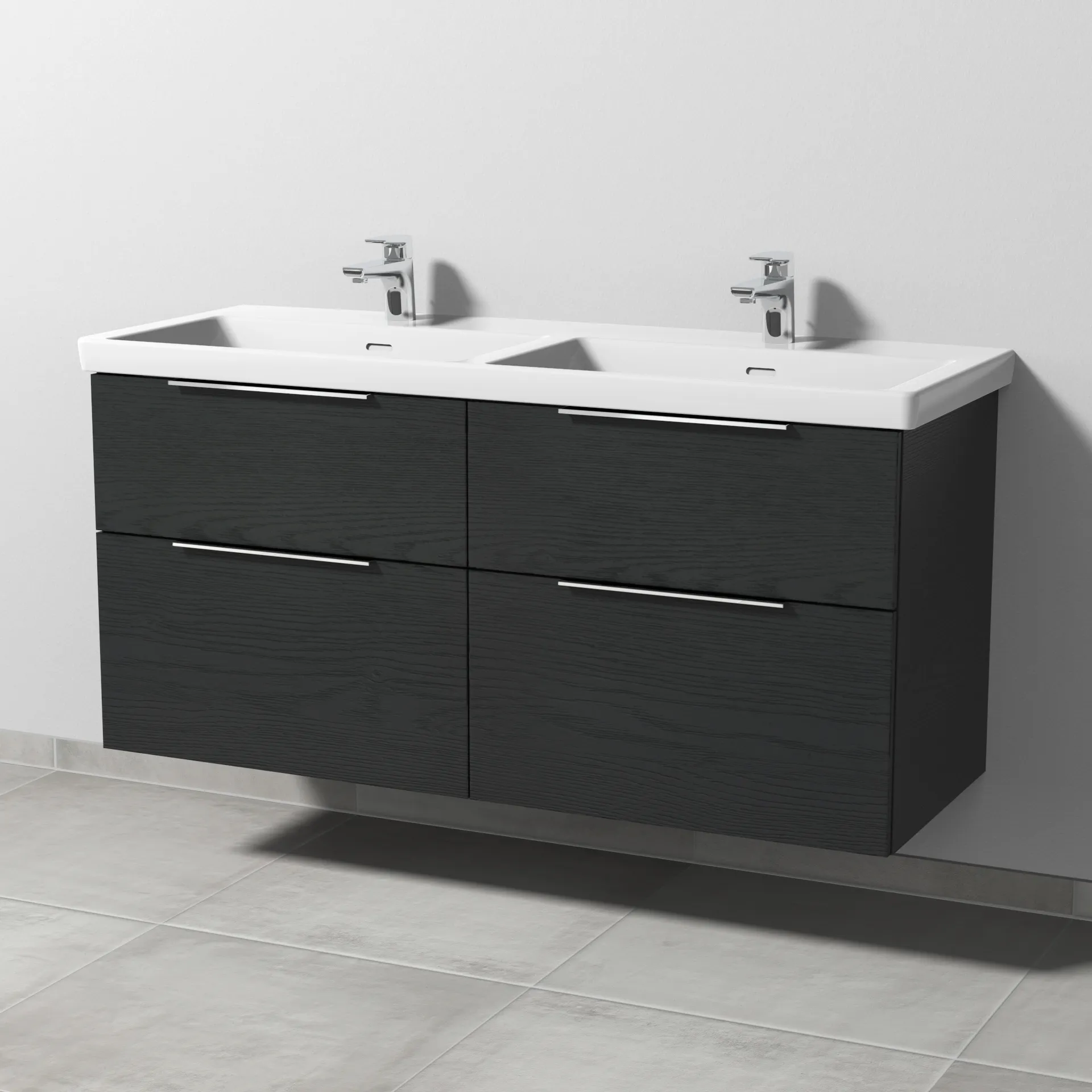 Sanipa Waschtischunterschrank „3way“ 1255 × 588 × 462 mm in Black Oak, mit Hahnlochbohrung, Becken links und rechts