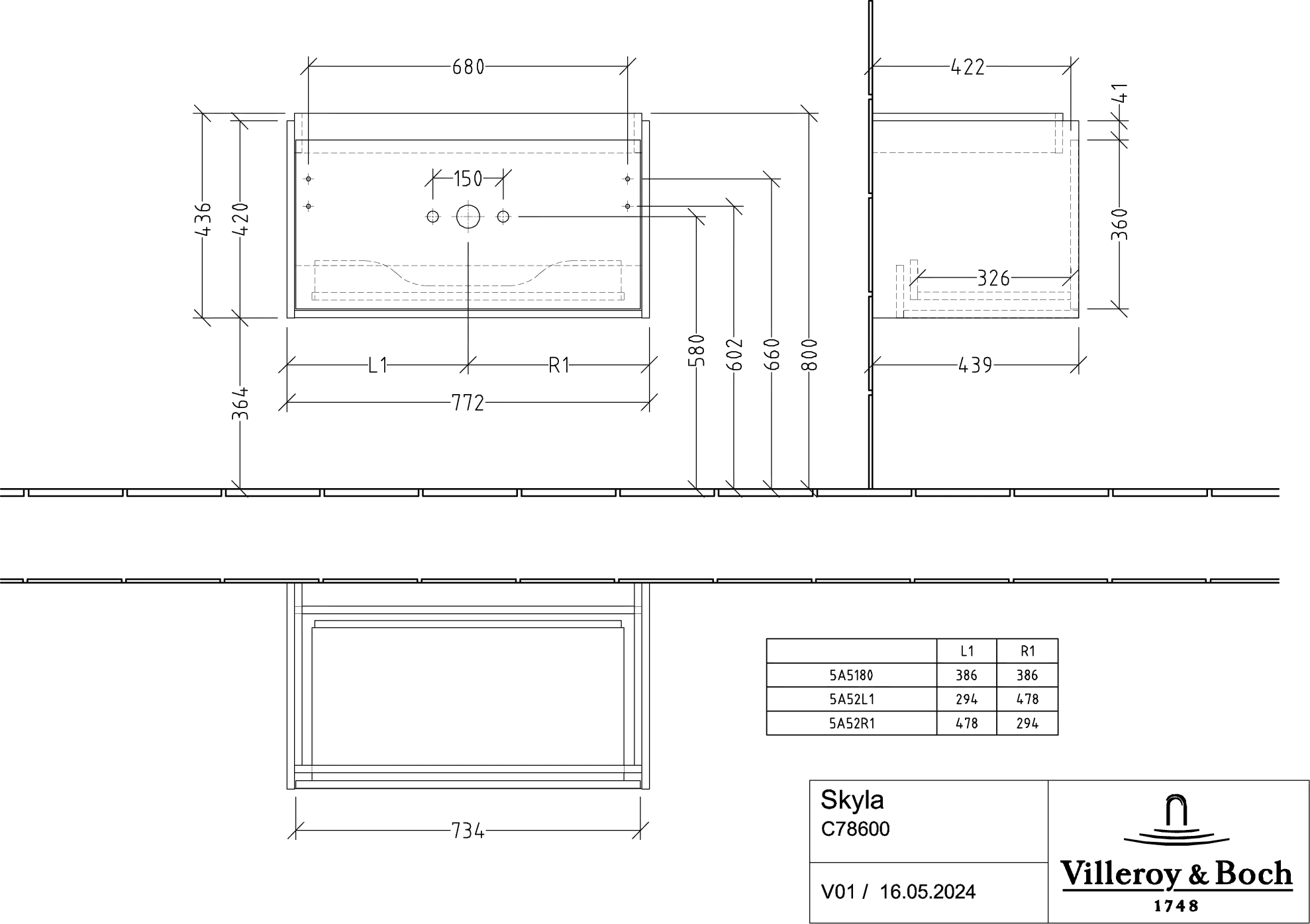 Villeroy & Boch Waschtischunterschrank „Skyla“ 772 × 436 × 439 mm Kansas Oak