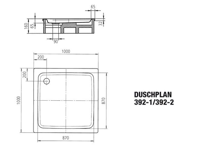 quadrat Set Duschwanne Duschplan 100 × 100 cm mit Träger und Sanit-Ablauf 100 × 100 cm, ,