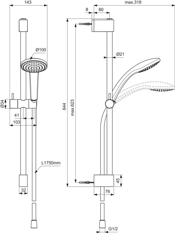 Gleitstangekombination „Idealrain“, Befestigung verdeckt Gleitstangekombination „Idealrain“, Befestigung verdeckt