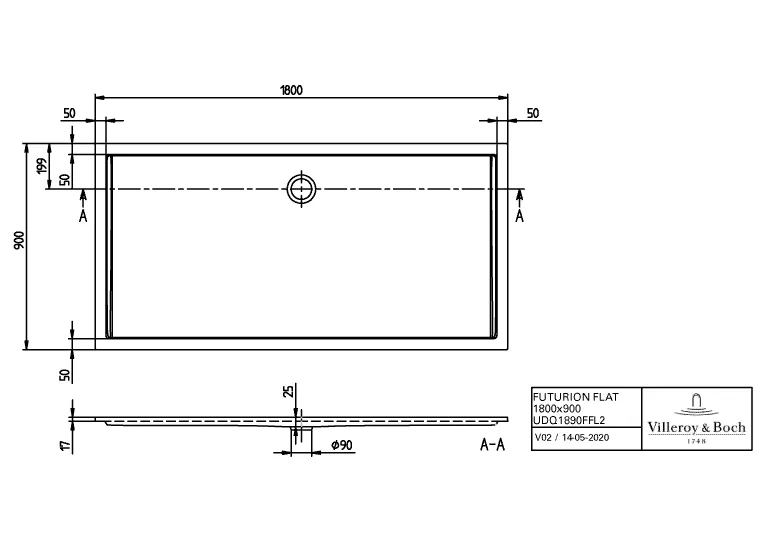 Villeroy & Boch rechteck Duschwanne „Futurion Flat“ 180 × 90 cm