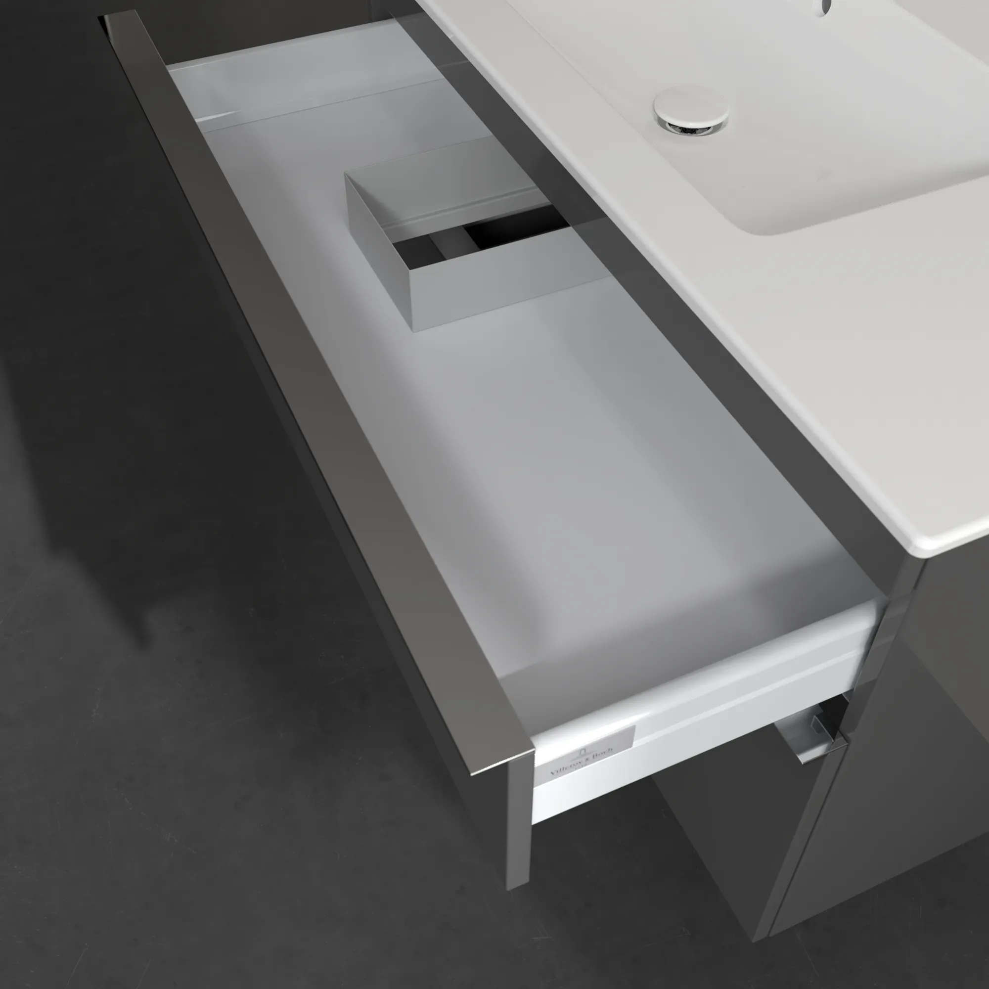 Villeroy & Boch Waschtischunterschrank „Venticello“ für Schrankwaschtisch 953 × 590 × 502 mm Glossy Grey, für Becken links Villeroy & Boch Waschtischunterschrank „Venticello“ für Schrankwaschtisch 953 × 590 × 502 mm Glossy Grey, für Becken links