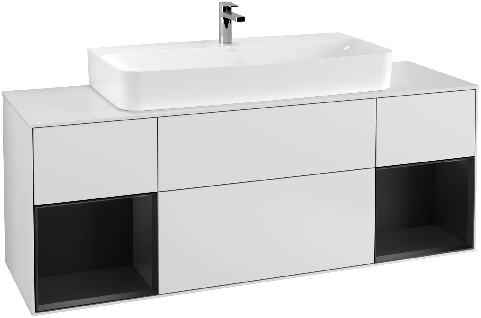 Villeroy & Boch Waschbeckenunterschrank Finion F21, 1600x603x501mm, mit Beleuchtung, 4 Auszüge, White Matt Lacquer / Black Matt Lacquer / Glass White