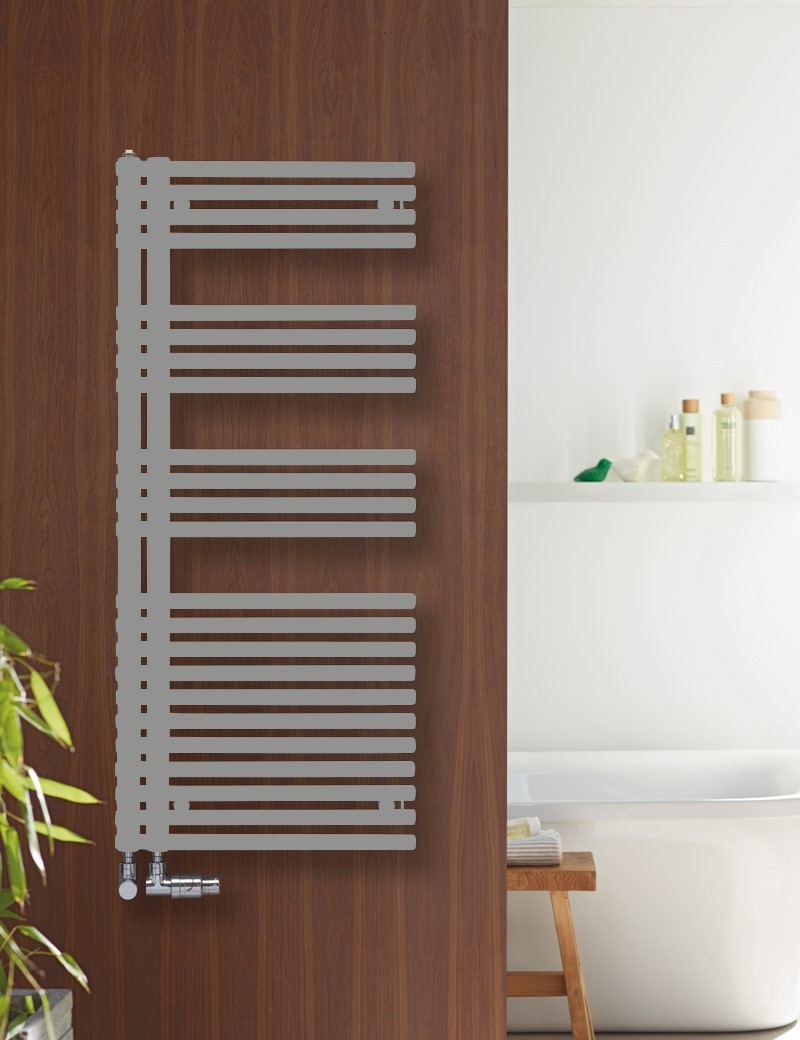 Zehnder Design-Handtuchwärmer „Forma Asym“ 49,6 × 116,1 cm in Telegrey 2 (RAL 7046)