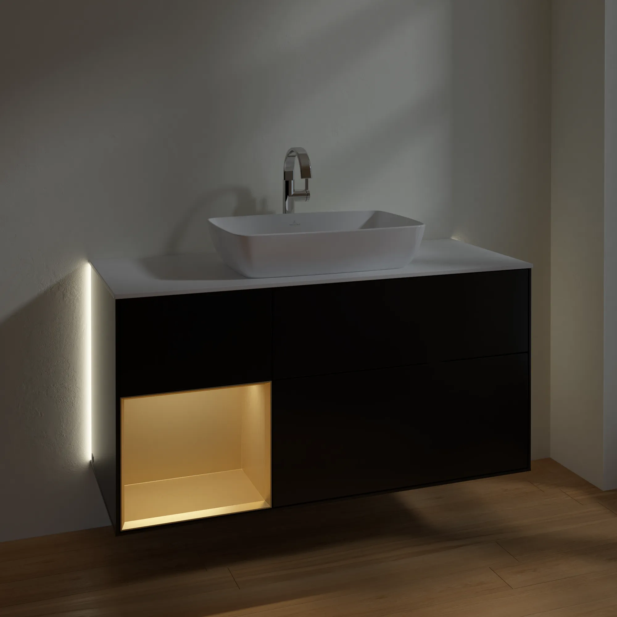 Villeroy & Boch Waschtischunterschrank „Finion“ für Schrankwaschtisch 1200 × 603 × 501 mm Black Matt Lacquer, für Becken mittig, mit Hahnlochbohrung