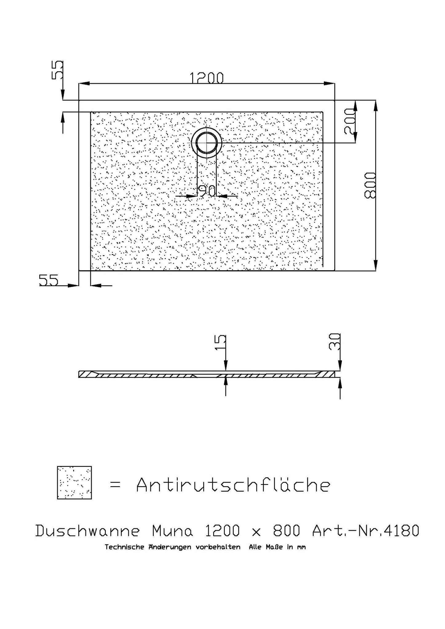 Duschwanne „Muna“ Rechteck 120 × 80 cm in Schiefergrau mit Antirutsch