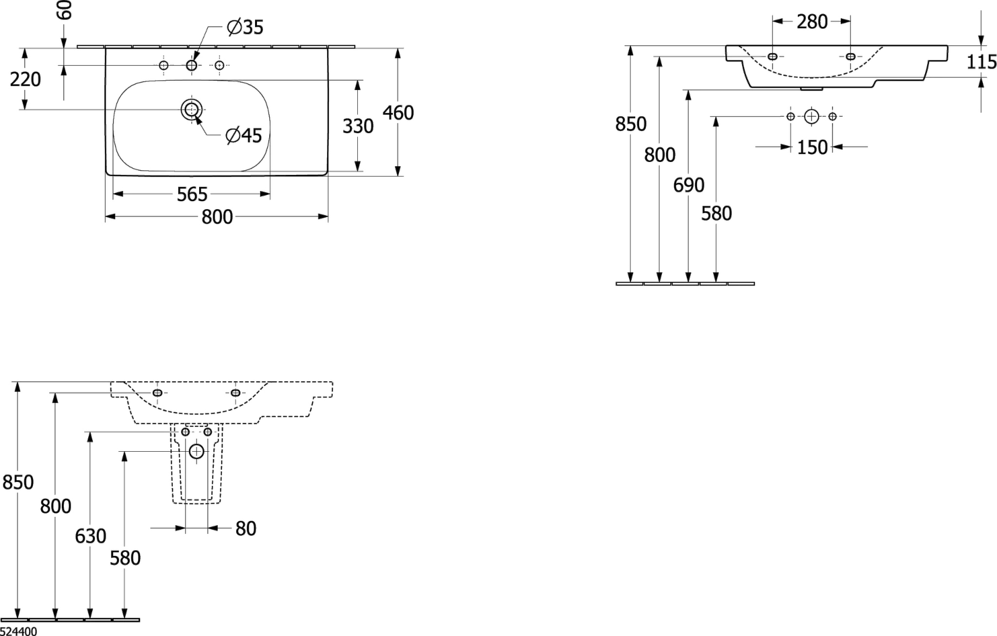 Schrankwaschtisch Skyla 5A52L1, 800 x 460 mm, Rechteck, Becken links, 1HL. mittleres Hahnloch durchgestochen, mit Überlauf, Weiß Alpin