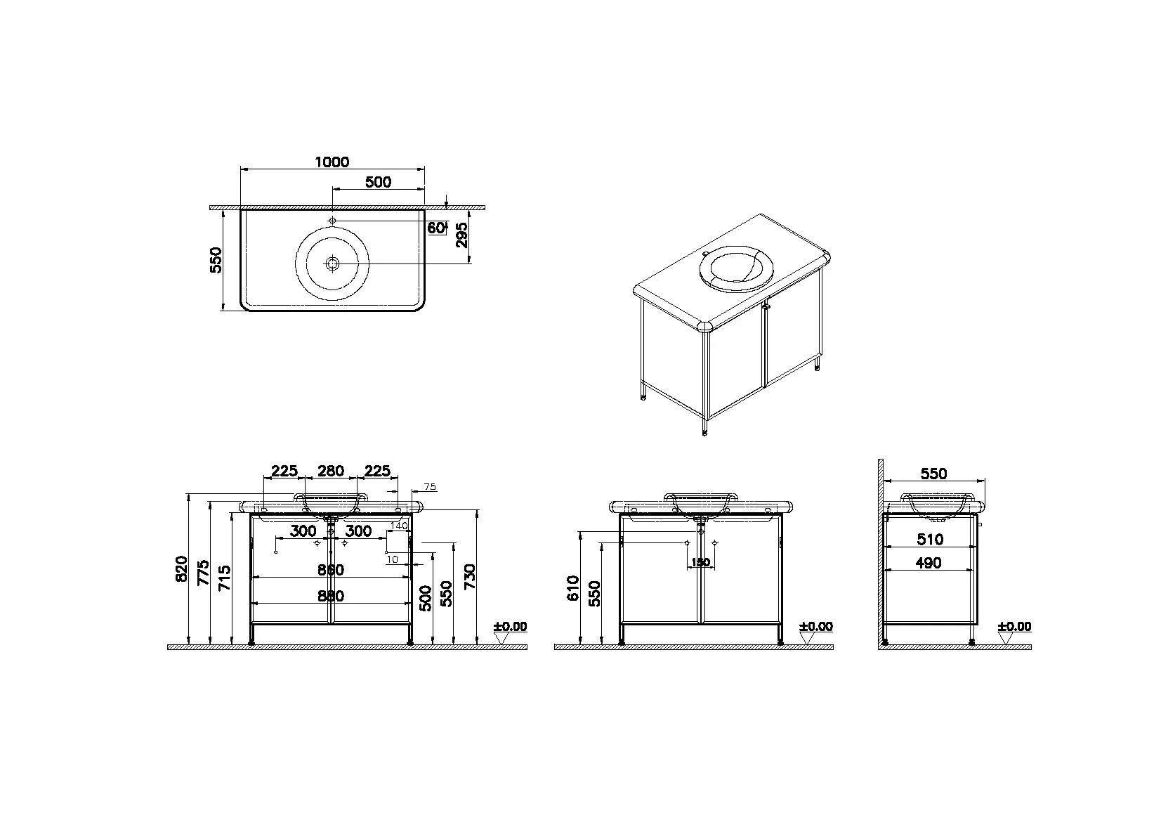 Liquid Waschtischunterschrank, Bodenmontage, Korpus mit 4 verstellbaren Füßen und mit 2 gerahmten Glastüren (Softclose) mit Griffen, mit 1 Glaseinlegeboden, 1000 x 550 x 715 mm, Material Korpus: MDF lackiert, Material Füße + Türgriffe: Edelstahl, Materia