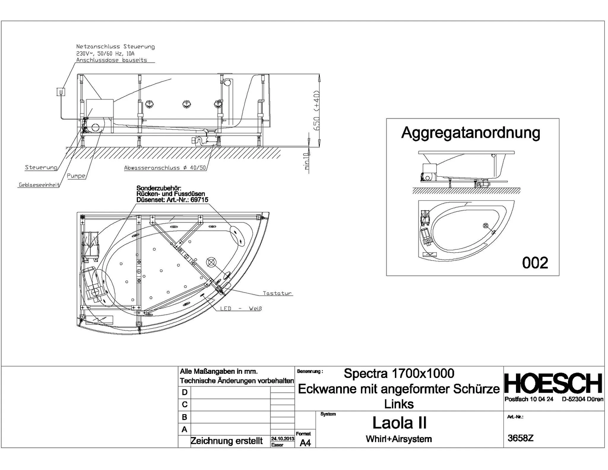 Hoesch Whirlwanne „Spectra“ mit Whirlsystem „Laola II“ eck 171 × 101 cm