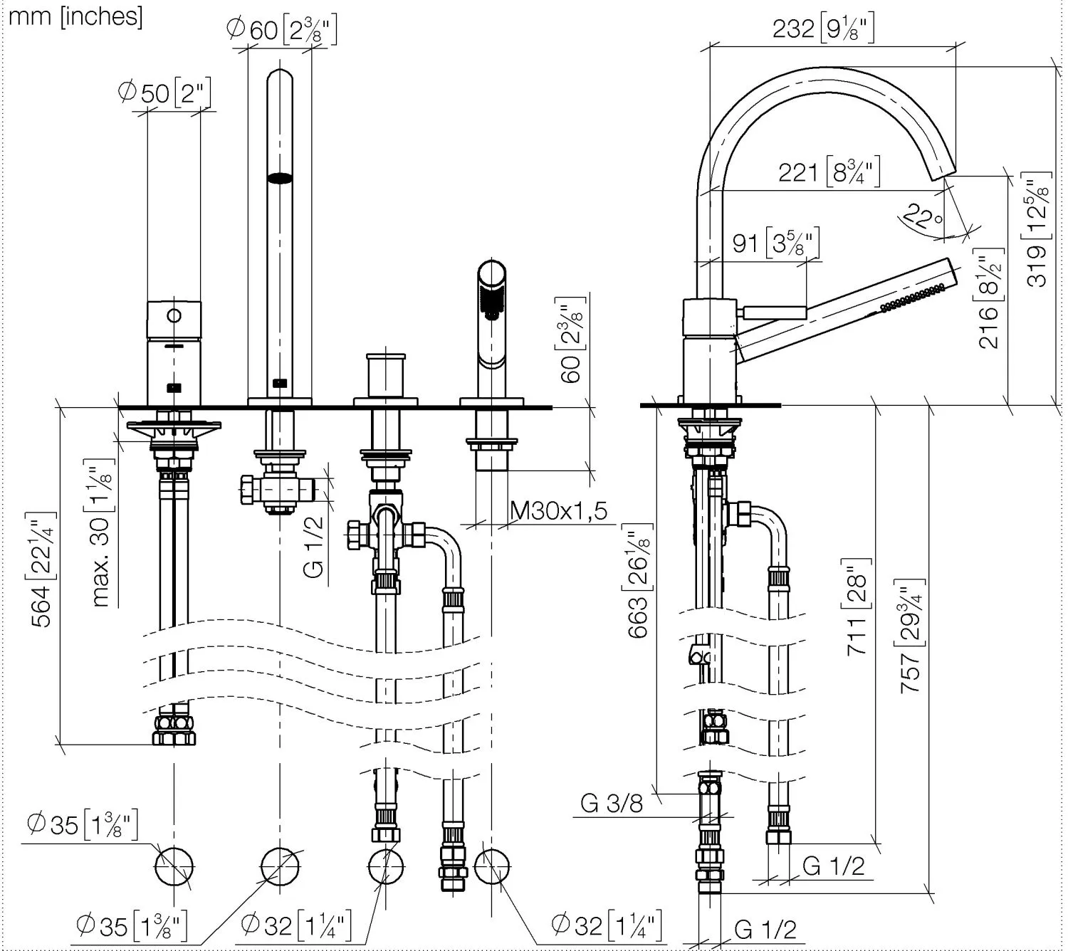 Dornbracht META Wannen-Vierlochbatterie Dark Bronze gebürstet PVD, Auslauf 35 mm, Ausladung 221 mm, Höhe 319 mm Dornbracht META Wannen-Vierlochbatterie Dark Bronze gebürstet PVD, Auslauf 35 mm, Ausladung 221 mm, Höhe 319 mm