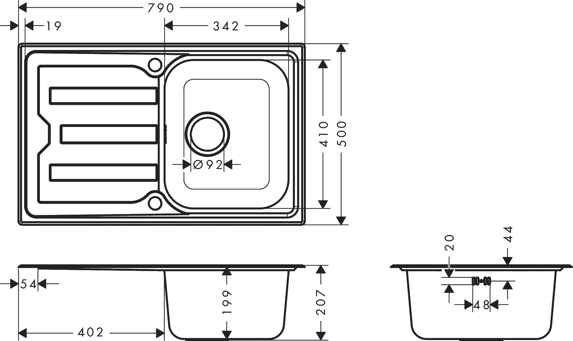 Hansgrohe Einbauspüle S44, Edelstahl, 770 x 480 mm, reversibel, 1 Hauptbecken mit Abtropffläche, automatische Ablaufgarnitur Hansgrohe Einbauspüle S44, Edelstahl, 770 x 480 mm, reversibel, 1 Hauptbecken mit Abtropffläche, automatische Ablaufgarnitur