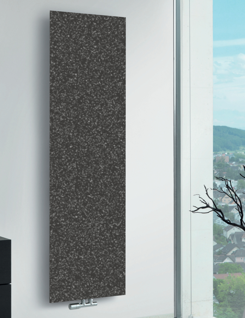 Zehnder Design-Heizkörper Warmwasserbetrieb Ausführung einlagig mit Lamellen „Arteplano“ 30,5 × 181,3 cm in Umbra Grey (RAL 7022)