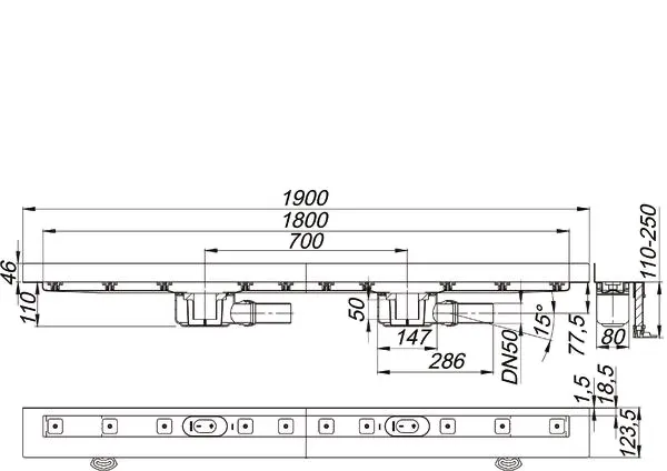 Duschrinne CeraLine W Duo 1800 mm, DN 50