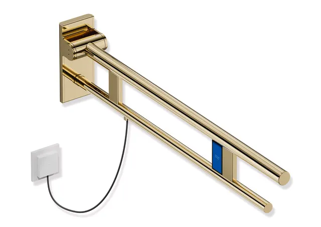 Stützklappgriff Duo, Design A des Systems 900, Edelstahl, PVD, Ausladung 850 mm, mit Spülauslösung (E-Ausführung), Ausführung links, in Farbe CK (Messing glänzend) Stützklappgriff Duo, Design A des Systems 900, Edelstahl, PVD, Ausladung 850 mm, mit Spülauslösung (E-Ausführung), Ausführung links, in Farbe CK (Messing glänzend)