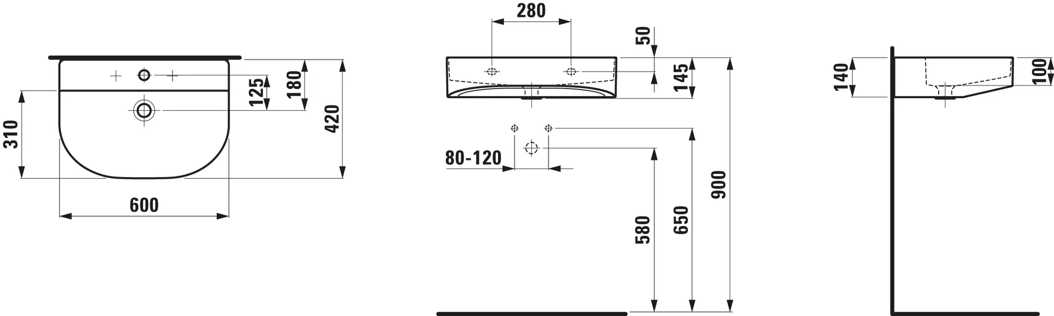 Waschtisch SONAR 420x600x145 1 Hahnloch mit Überlauf weiß