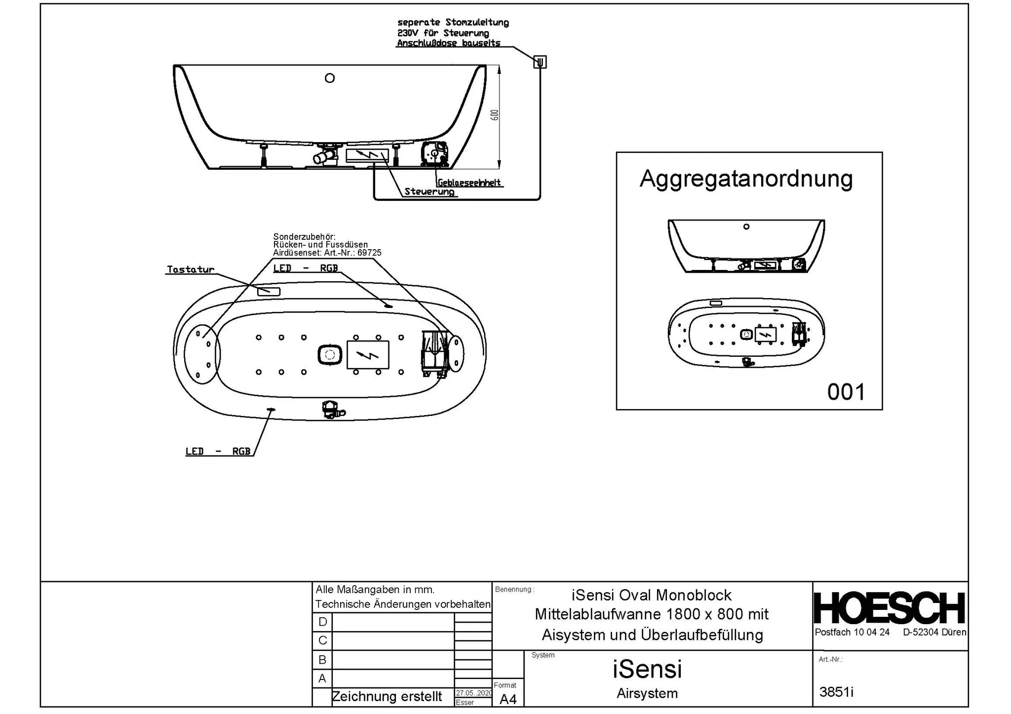 Hoesch Whirlwanne „iSensi“ Monolith mit Airsystem „iSensi“ freistehend oval 180 × 80 cm in Weiß-Grau