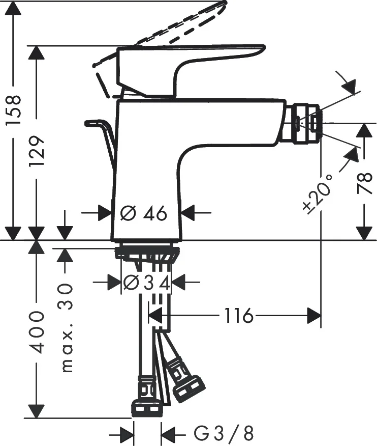 Hansgrohe Talis E Bidetmischer chrom, Einhebel-Bedienung, Ausladung 116 mm, Auslaufhöhe 78 mm, Kugelgelenk-Luftsprudler, Normalstrahl, max. Durchfluss 5 l/min, Keramikmischsystem, einstellbare Temperaturbegrenzung, für Durchlauferhitzer geeignet