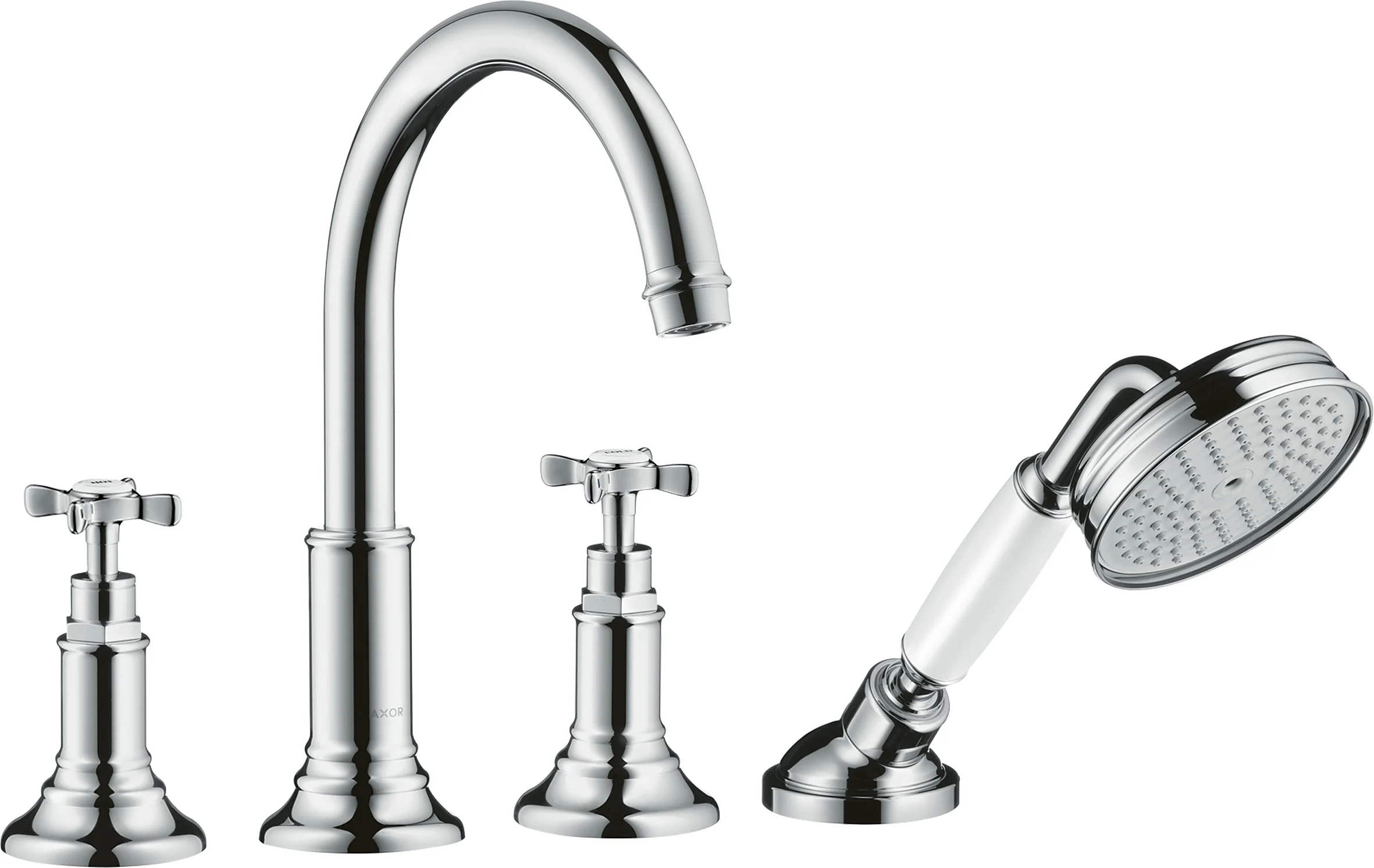 Hansgrohe AXOR Montreux 4-Loch Wannenrandarmatur mit Kreuzgriffen in Chrom, Ausladung 196 mm, RainAir-Handbrause, max. Durchfluss 20,5 l/min