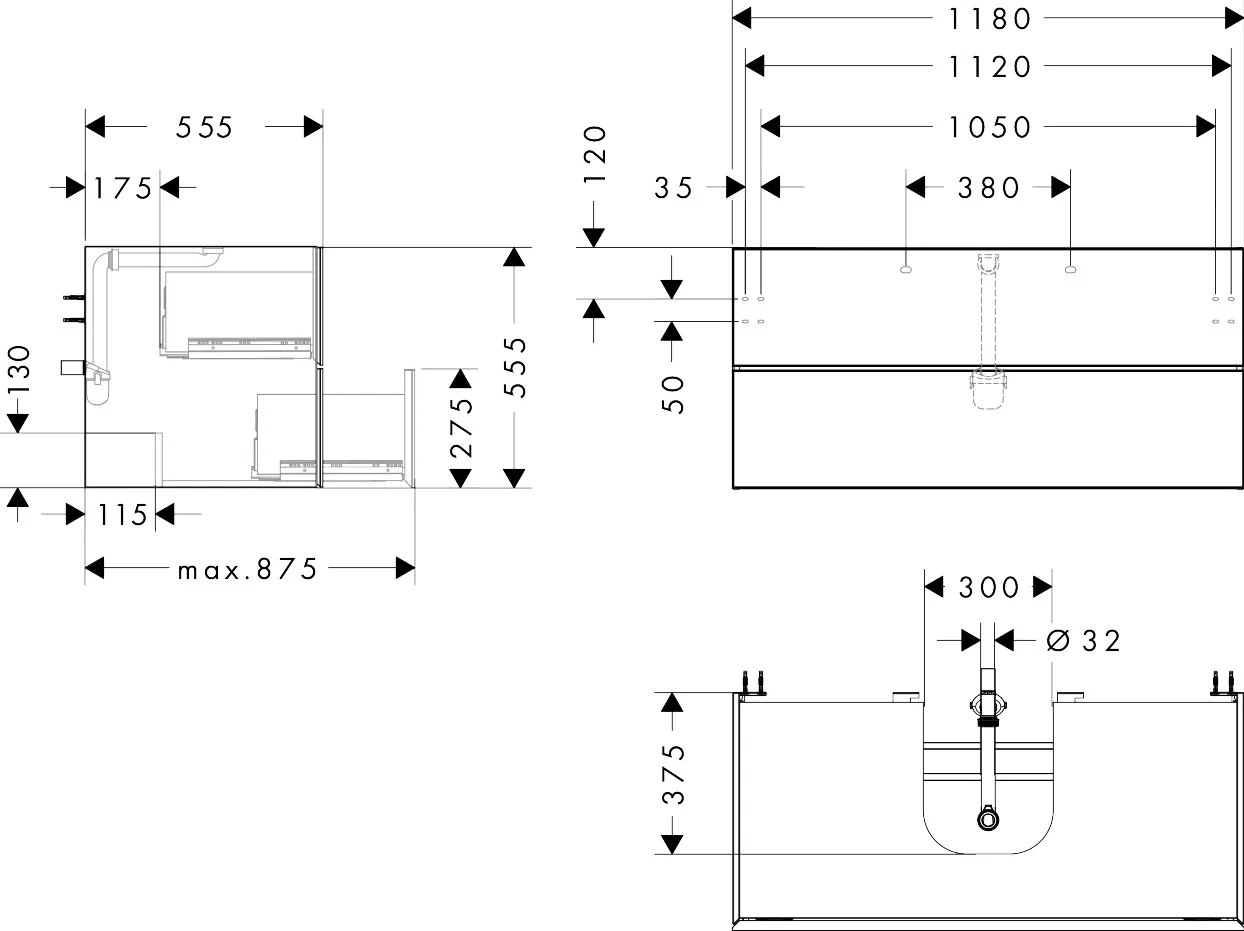 Hansgrohe Xevolos E Waschtischunterschrank Mattweiß 1180x550 mm mit 2 Schubkästen, griff- und siphonausschnittlos, SoftClose, PushOpen, vormontiert Hansgrohe Xevolos E Waschtischunterschrank Mattweiß 1180x550 mm mit 2 Schubkästen, griff- und siphonausschnittlos, SoftClose, PushOpen, vormontiert