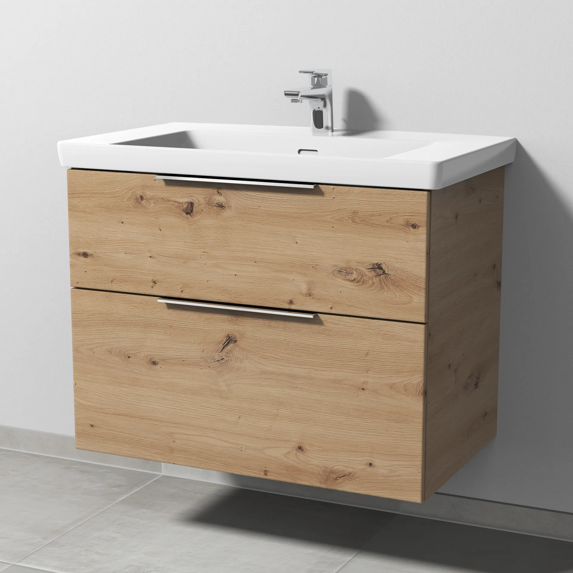 Sanipa Waschtischunterschrank „3way“ 755 × 588 × 462 mm in Eiche Natural-Touch, Becken mittig, mit Hahnlochbohrung