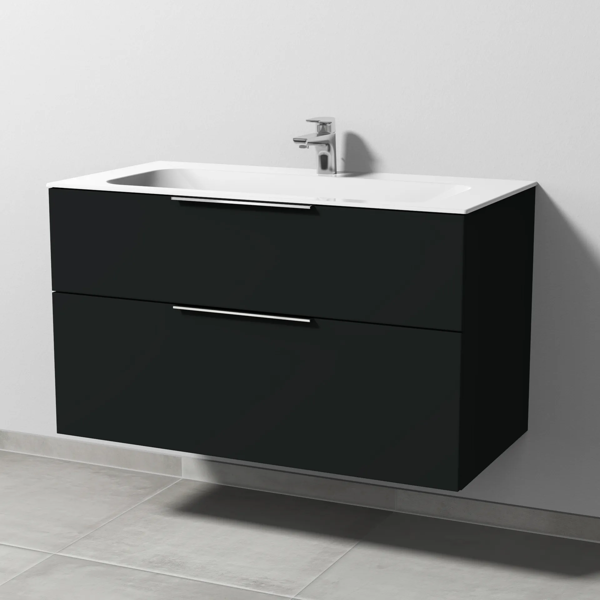Keramik-Waschtisch-Set mit Waschtischunterschrank „3way“ 99 × 49,7 × 58,2 cm in Vulkan (matt), mit Hahnlochbohrung, Becken mittig