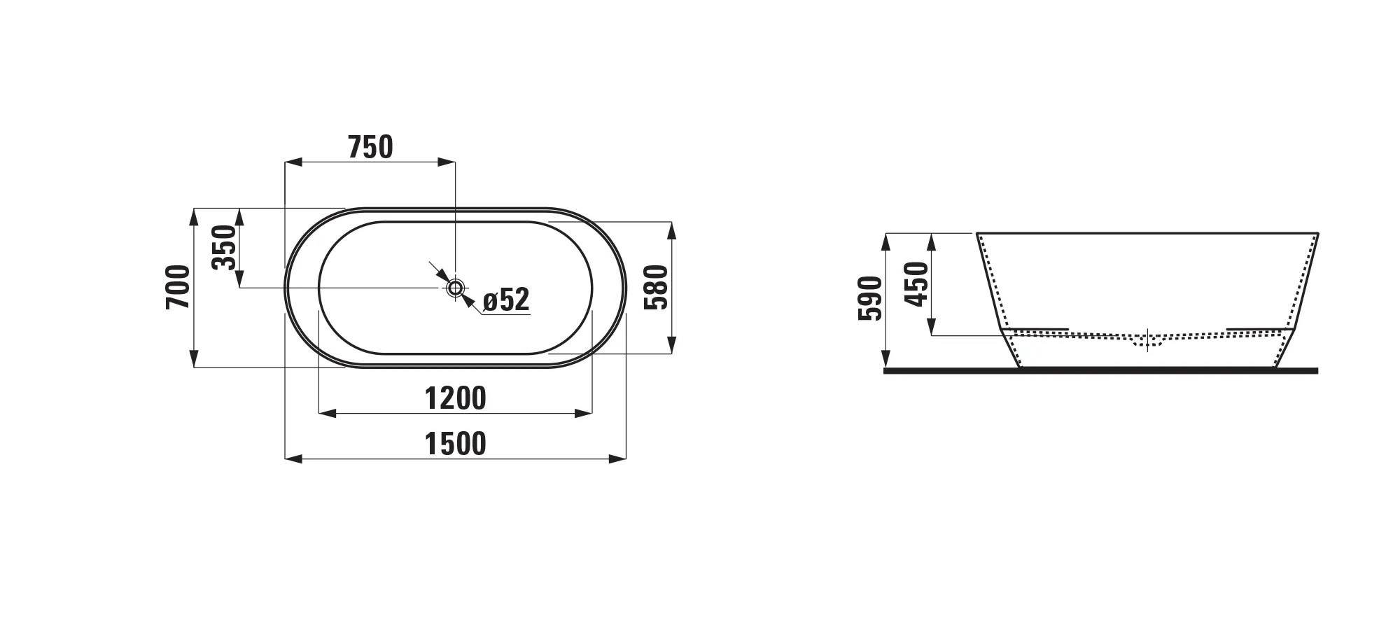 Laufen Badewanne „PRO“ freistehend 150 × 70 cm in Schwarz / Weiß