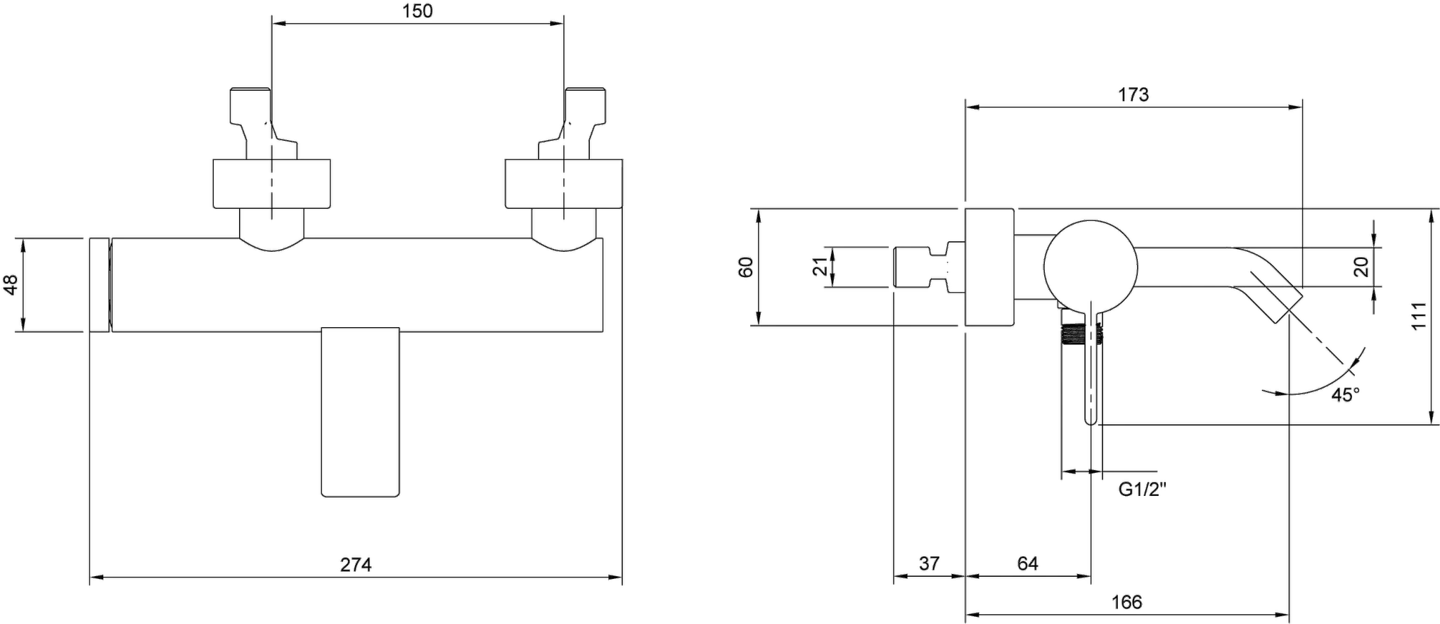 Einhand-Wannenarmatur „Dawn“ Ausladung 166 mm in Chrom Einhand-Wannenarmatur „Dawn“ Ausladung 166 mm in Chrom