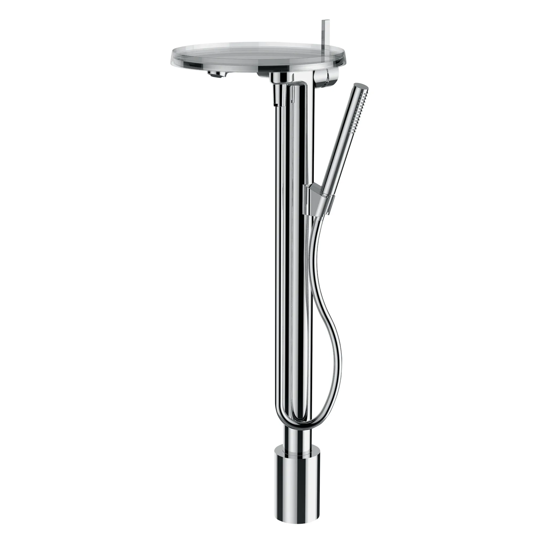 Einhebel-Standsäulen-Wannenmischer mit Deko-Disc (transparent) Kartell mit Zubehör Kunststoffschlauch 1250 mm und Handbrause chrom