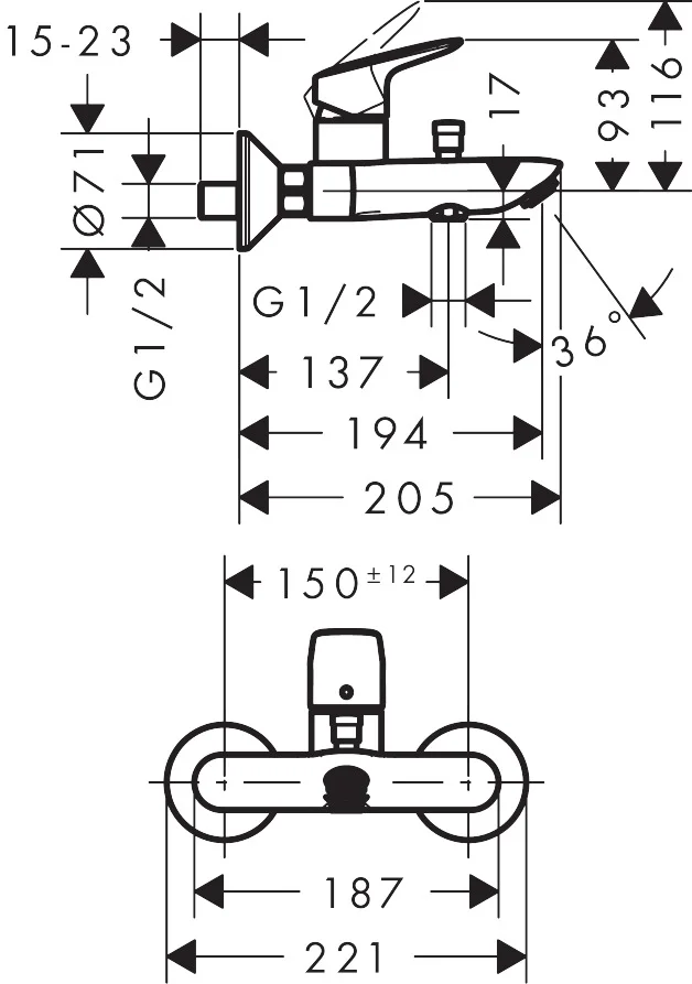 Hansgrohe Logis Einhebel-Wannenmischer Aufputz Chrom, Ausladung 194 mm, Stichmaß 150 ± 12 mm, Normalstrahl, max. Durchfluss 20 l/min Hansgrohe Logis Einhebel-Wannenmischer Aufputz Chrom, Ausladung 194 mm, Stichmaß 150 ± 12 mm, Normalstrahl, max. Durchfluss 20 l/min