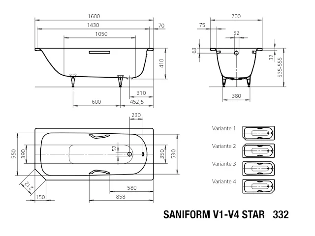 Kaldewei SANIFORM V1-V4 STAR Badewanne, 1600x700 mm, schwarz, Antislip Kaldewei SANIFORM V1-V4 STAR Badewanne, 1600x700 mm, schwarz, Antislip