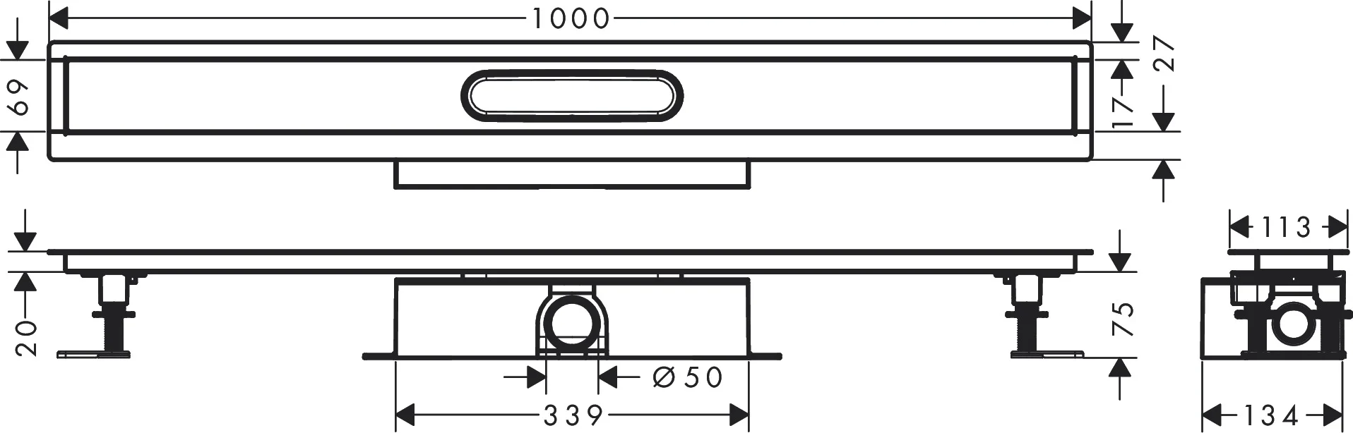 Hansgrohe uBox universal Komplettset für Standardinstallation 1000 mm, passend zu RainDrain Rock und Match Fertigsets, DN50, waagerechter Auslass, 3-seitiger Anschluss