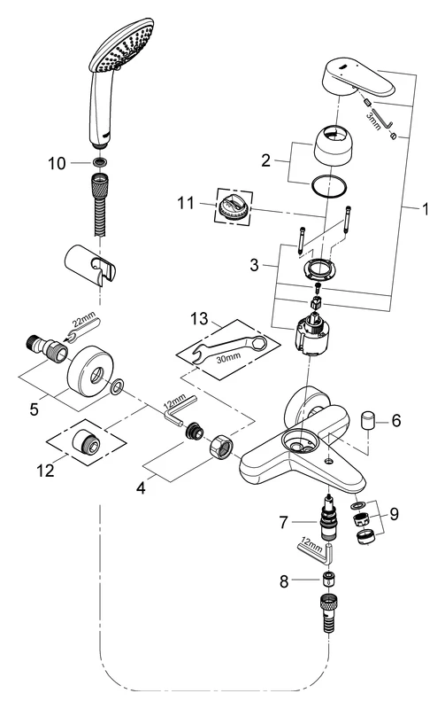 Einhand-Wannenbatterie Eurodisc Cosmopolitan 33395_2, Wandmontage, mit Brausegarnitur, chrom