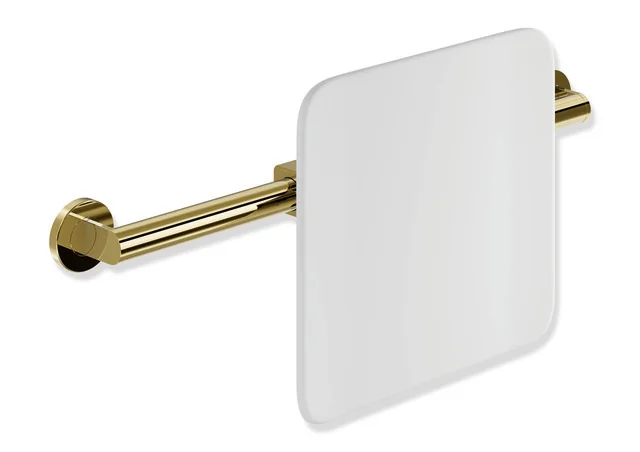 HEWI Rückensstütze System 900, PVD Gold glänzend, Wandmontage, Achsmaß 582–682 mm, Tiefe 150 mm, Lehne aus weißem Kunststoff