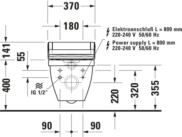 Wand-Tiefspül-WC „Starck 3“ 36,5 × 43,5 × 62 cm, Befestigung verdeckt, mit Spülrand