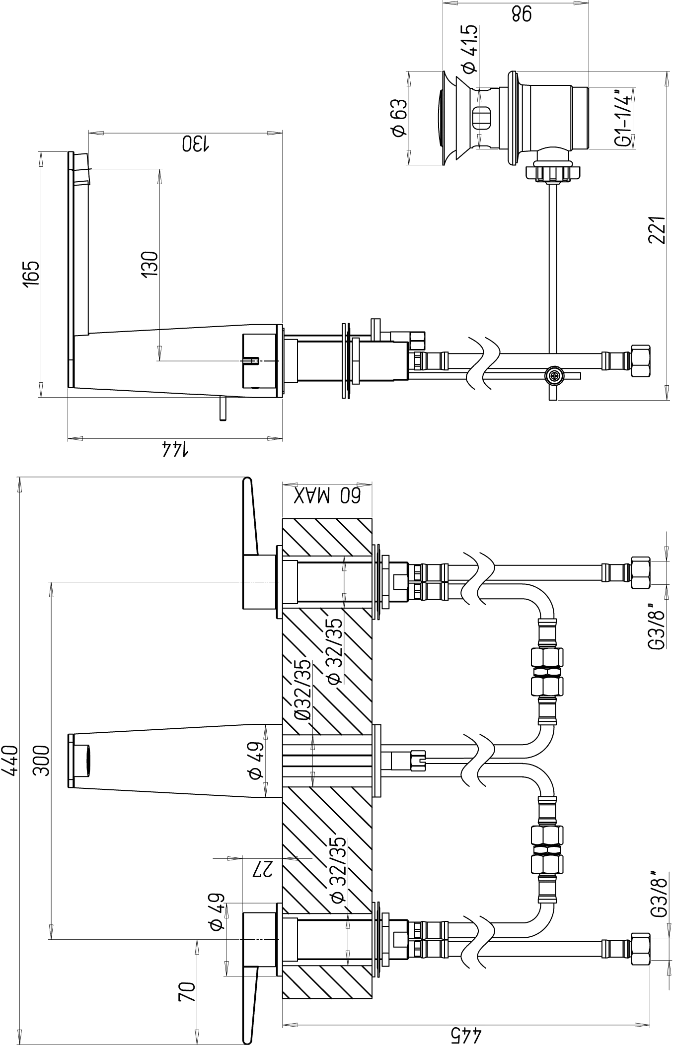 Villeroy & Boch Conum Dreiloch-Waschtischarmatur, rund, Chrom, 440 x 165 x 144 mm, Laminarstrahl, SmartPressure