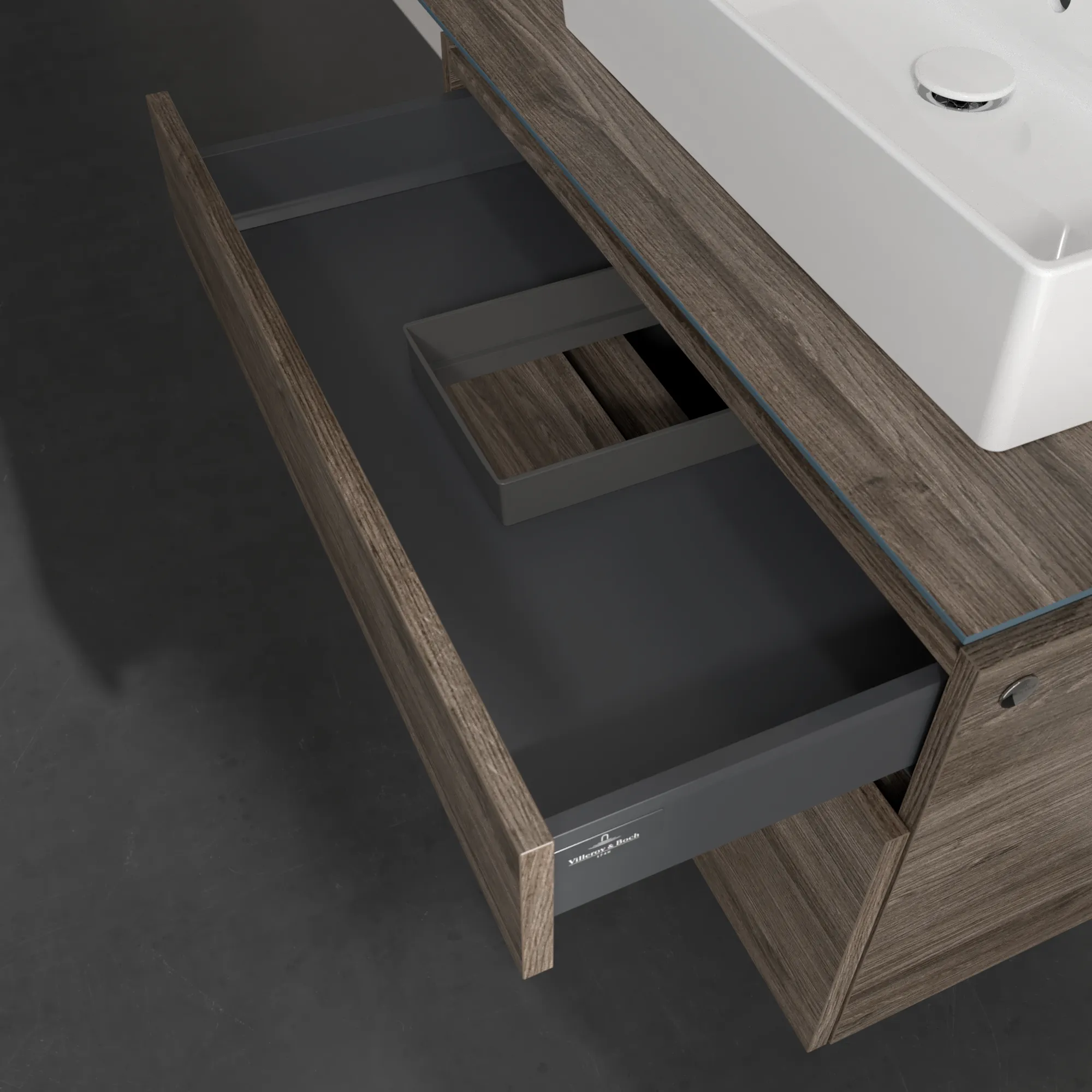Villeroy & Boch Waschtischunterschrank „Legato“ für Schrankwaschtisch 800 × 550 × 500 mm Stone Oak, für Becken mittig