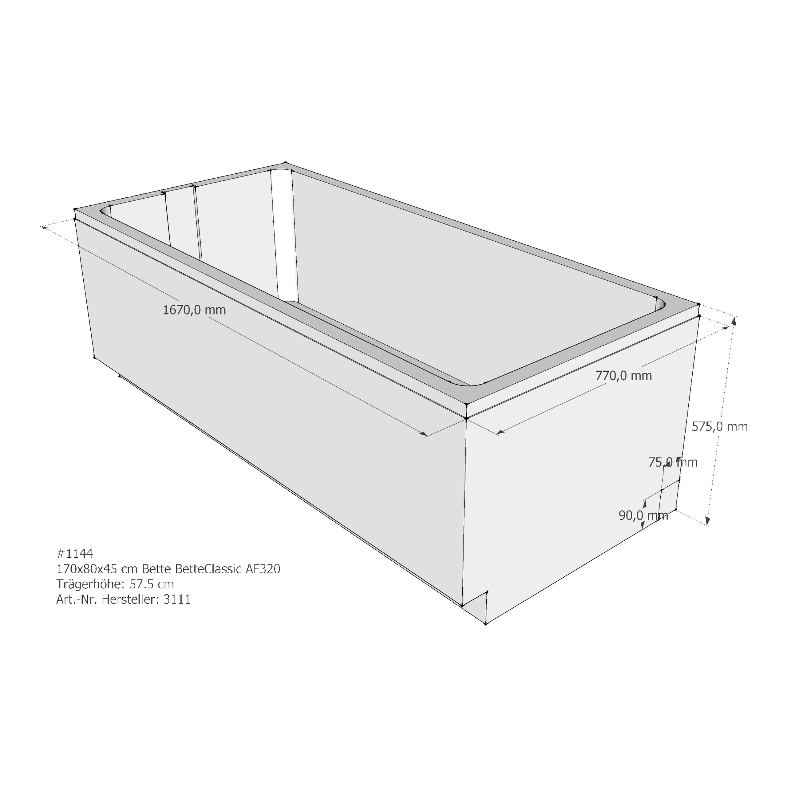 Badewannenträger für Bette Classic 170 × 80 × 45 cm