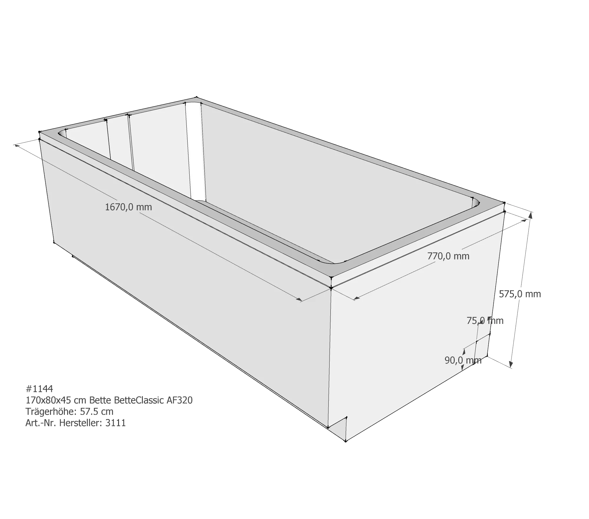 Badewannenträger für Bette Classic 170 × 80 × 45 cm Breite: 80 cm / Länge: 170 cm