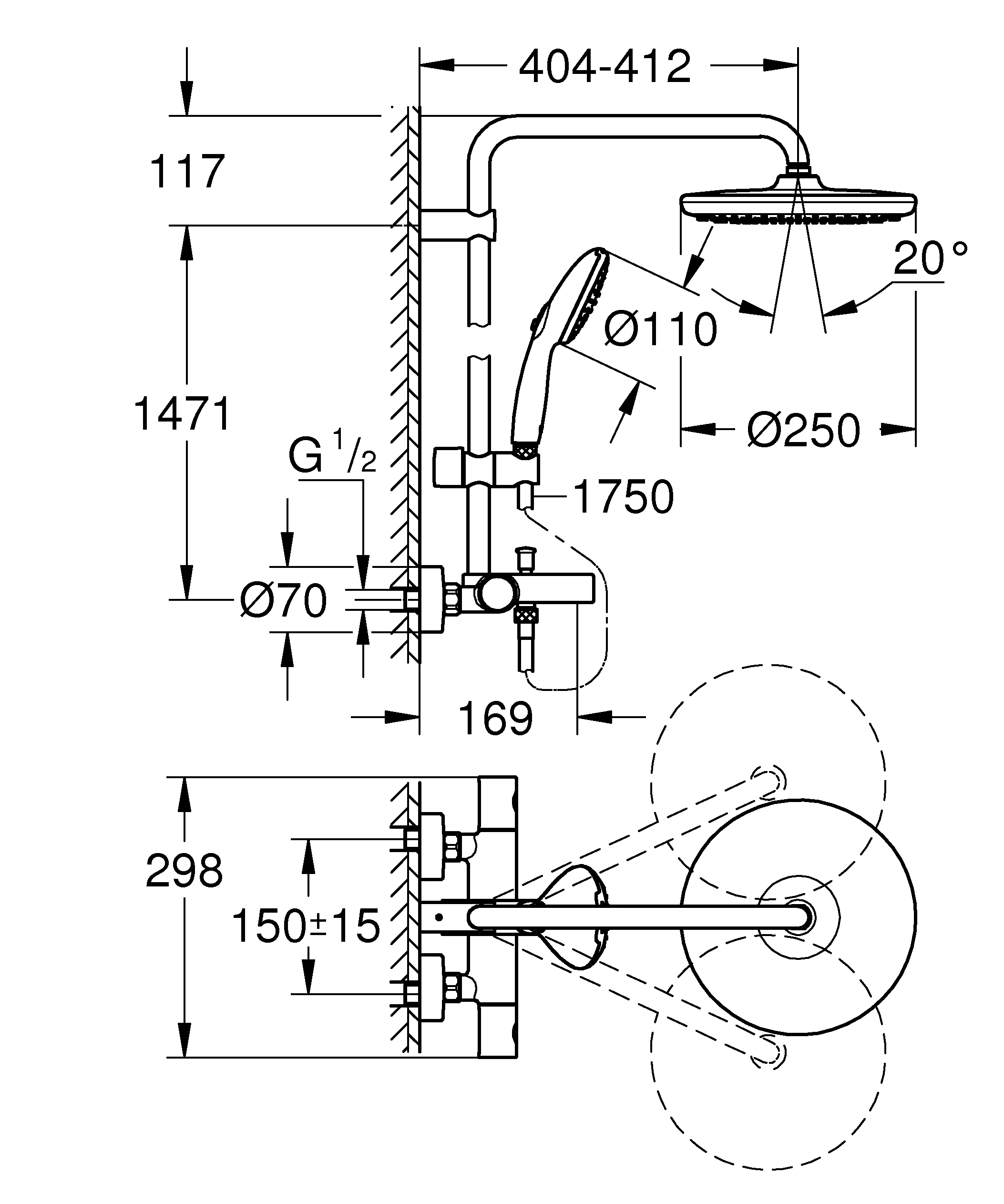 Duschsystem Tempesta 250 26672_1, mit Thermostat-Wannenbatterie, Wandmontage, Kopfbrause Tempesta 250, weiße Rückseite, Strahlart: Rain, Handbrause Tempesta 110, 2 Strahlarten, Water Saving, Maximaler Durchfluss (bei 3 bar): 8 l/min, chrom