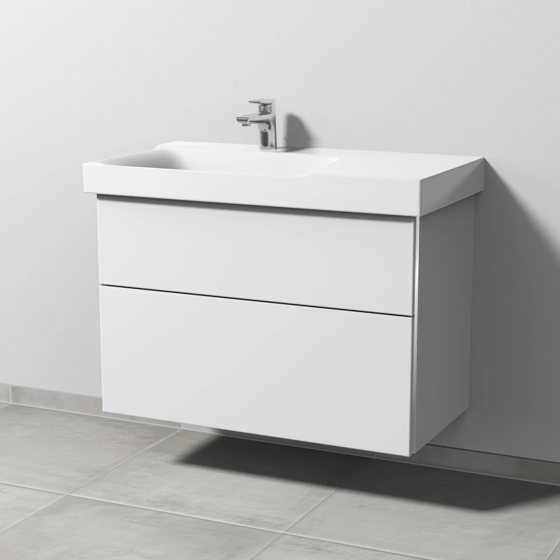 Sanipa Waschtischunterschrank „3way“ passend zu Keramik-Waschtische Xeno2 von Geberit 850 × 593 × 452 mm in Weiß-Soft, Becken links