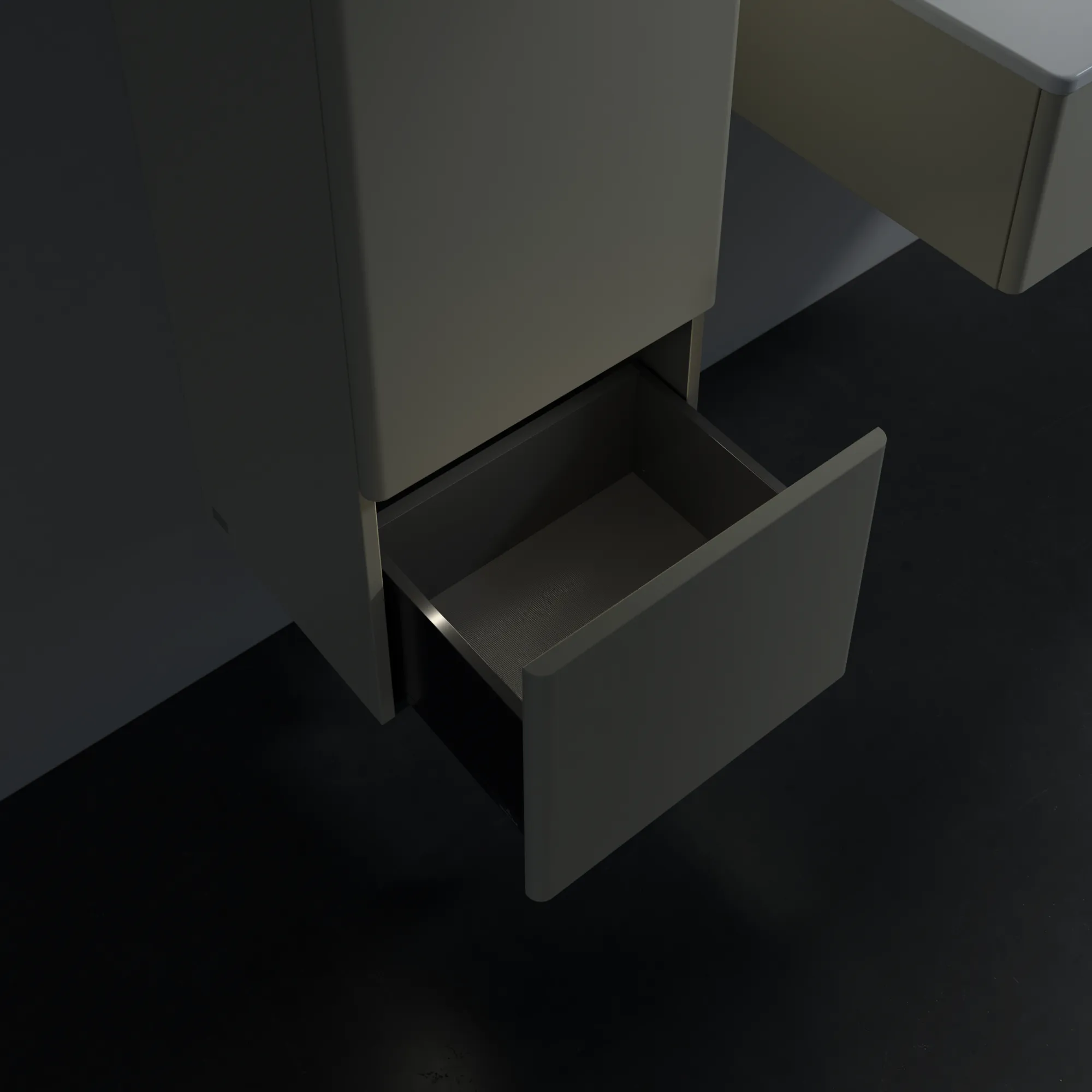 Villeroy & Boch Antao Mittelschrank, eckig, Silk Grey Matt Lacquer, 414 x 356 mm, Höhe 1039 mm, mit Beleuchtung und SoftClosing